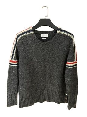 Thom Browne Charcoal Crewneck Sweater with Red, White & Navy Shoulder Stripes